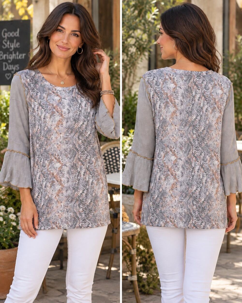 Mystree Medium Snake Print Bell Sleeve Tunic Top Mixed Media NWT